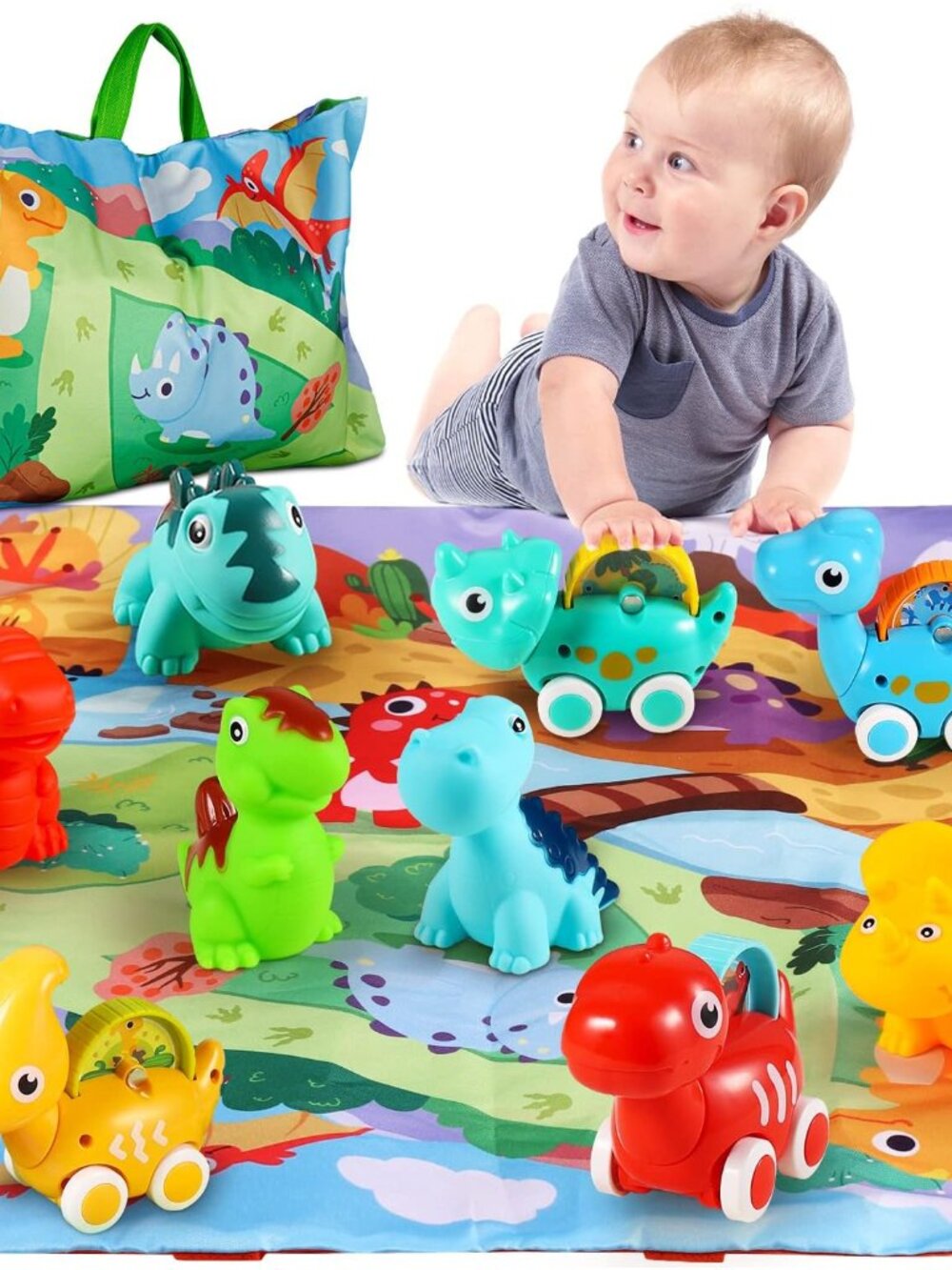 Dinosaur Car Toys for 1 Year Old Boy Gifts with Playmat/Storage Bag